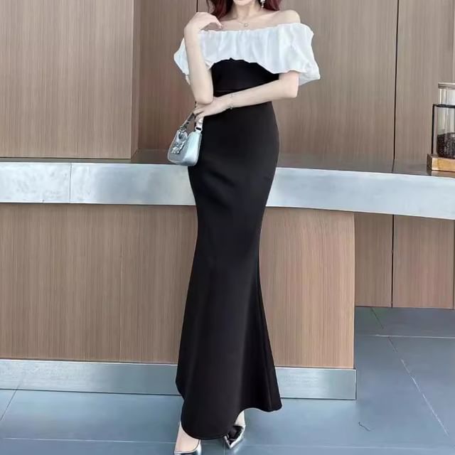 Gown Ruffle Off-The-Shoulder Two Trim Evening Tone Mermaid