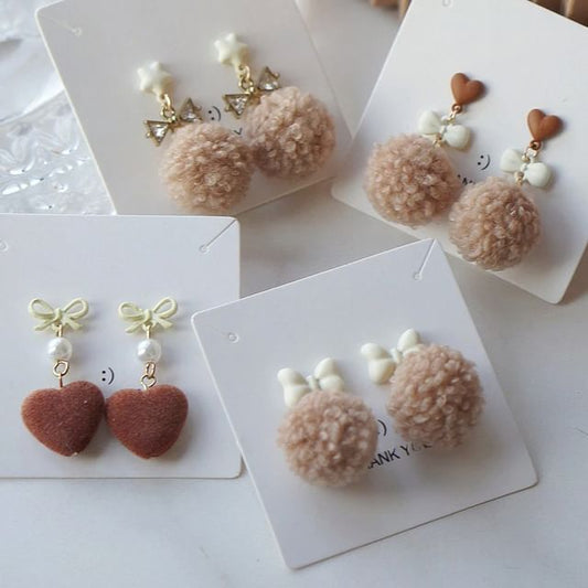 Earring Clip On / Drop Heart Pom
