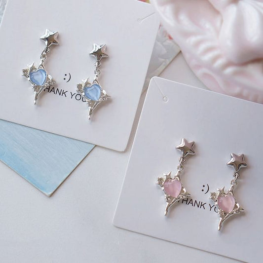 Earring Star Heart Drop On Rhinestone / Clip