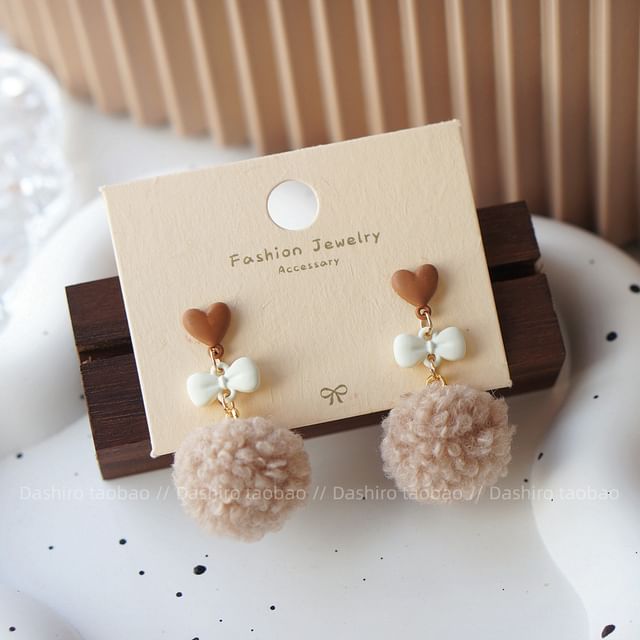 Earring Clip On / Drop Heart Pom