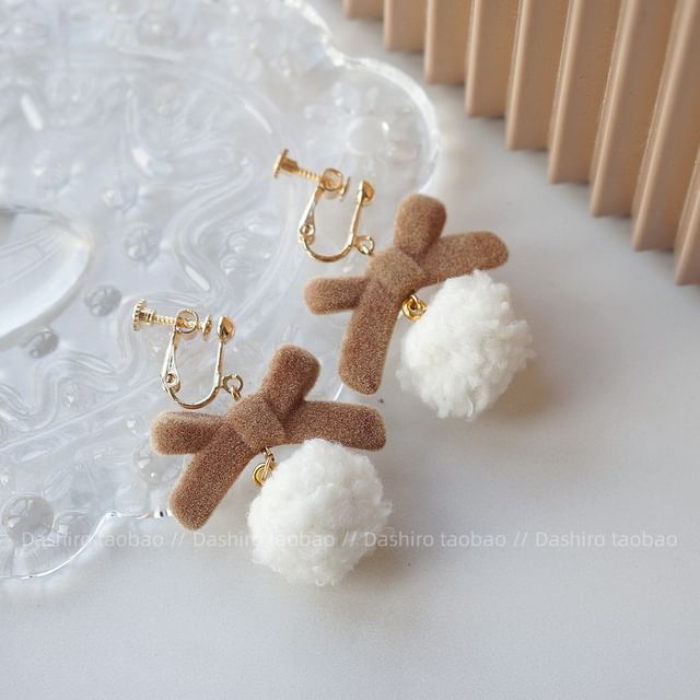 Earring Clip On / Drop Heart Pom