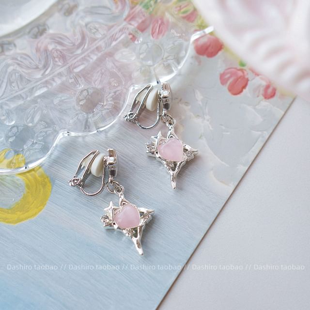 Earring Star Heart Drop On Rhinestone / Clip