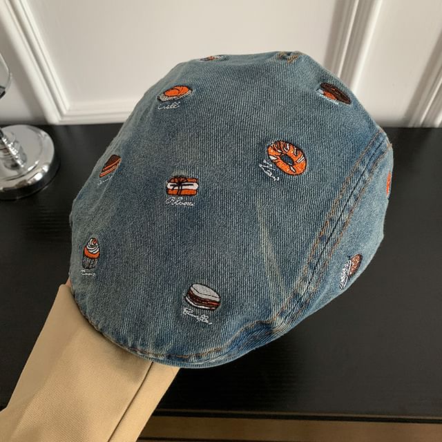 Denim Food Cap Flat Embroidered