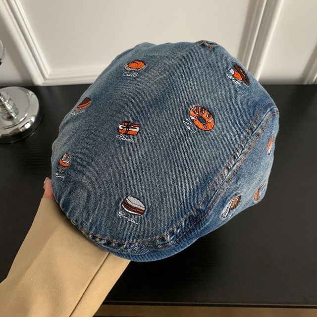 Denim Food Cap Flat Embroidered