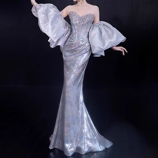 Strapless Ruched Mermaid Sequin Gown Evening