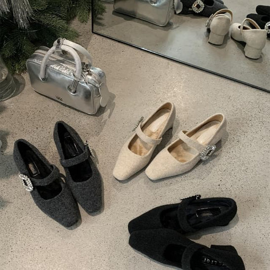 Pumps Block Toe Square Heel Rhinestone Jane Mary Buckled