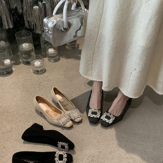 Rhinestone Pumps Toe Heel Buckle Block Square