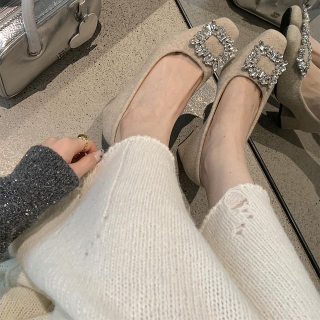 Rhinestone Pumps Toe Heel Buckle Block Square