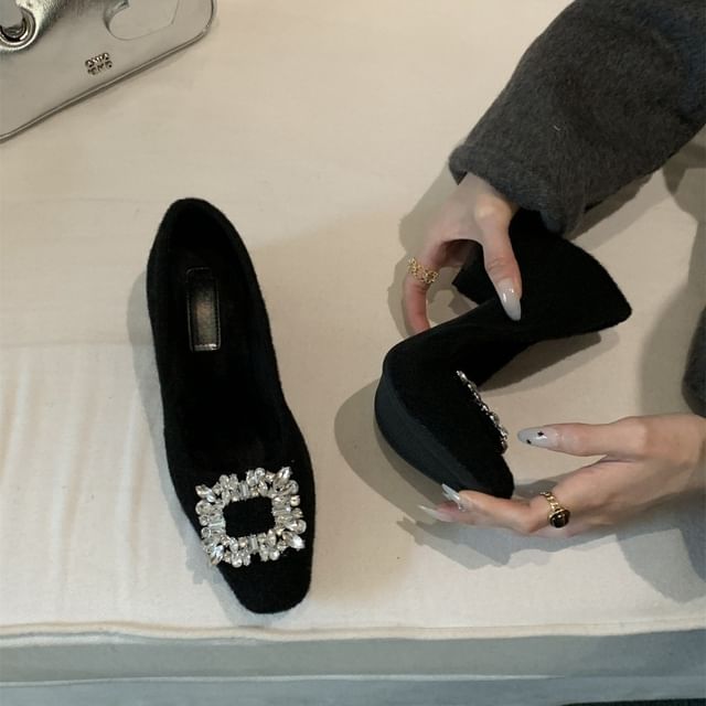 Rhinestone Pumps Toe Heel Buckle Block Square