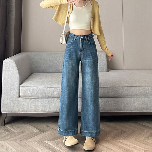 Cropped Wide Jeans (Various Designs) Washed Waist High Leg