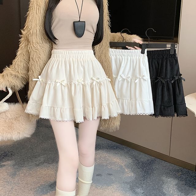 Waist Trim Plain Bow High Lace Velvet Mini A-Line Skirt Accent