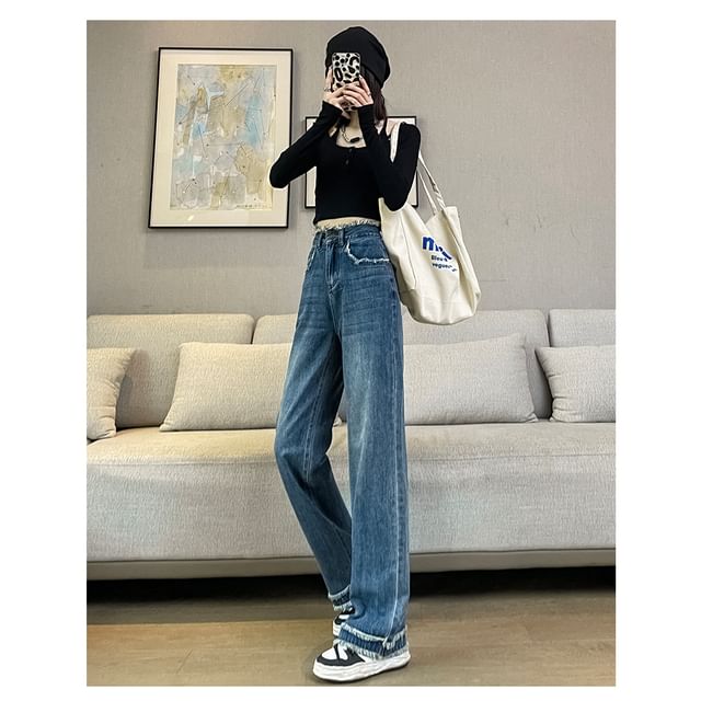 Frayed Loose Designs) Waist High Jeans Washed Fit (Various