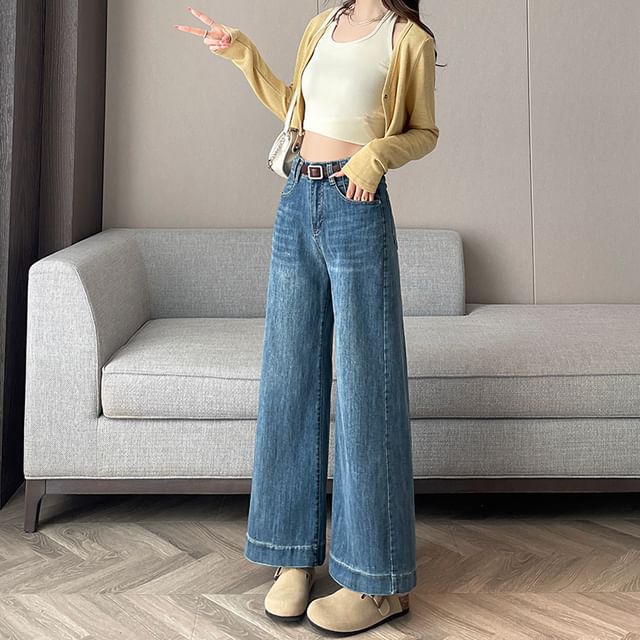 Cropped Wide Jeans (Various Designs) Washed Waist High Leg