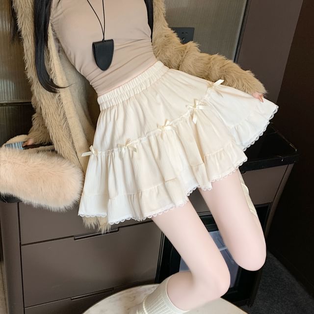 Waist Trim Plain Bow High Lace Velvet Mini A-Line Skirt Accent