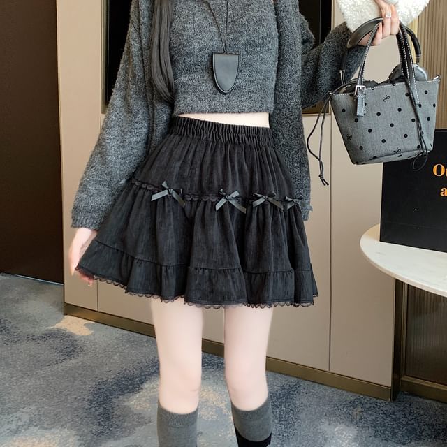 Waist Trim Plain Bow High Lace Velvet Mini A-Line Skirt Accent