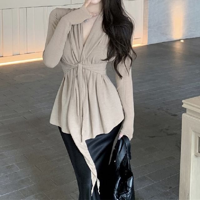 Shawl Waist Collar Tie Cardigan Plain