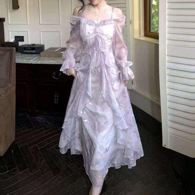 Trim A-Line Dress Accent Maxi Tie Long-Sleeve Ruffle Butterfly Shoulder Cold Dye