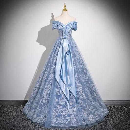 Embroidered Panel Gown Flower A-Line Off-Shoulder Mesh Ball