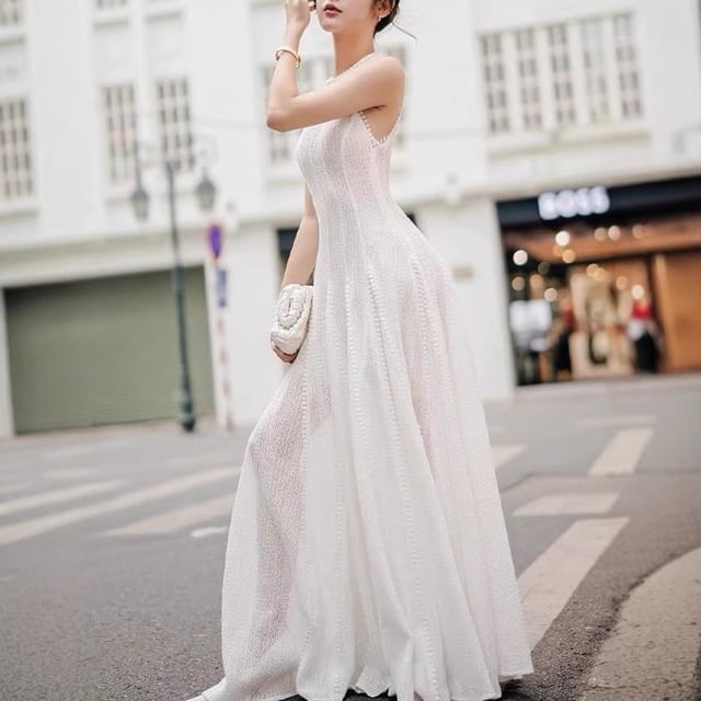 Neck Crew Lace A-Line Sleeveless Gown Evening Maxi