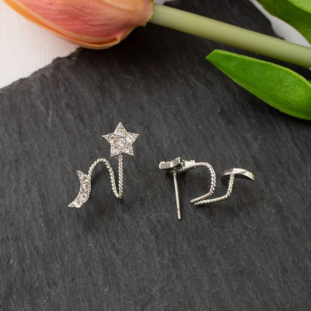 / Climber Star Crescent Earring Clip On Rhinestone