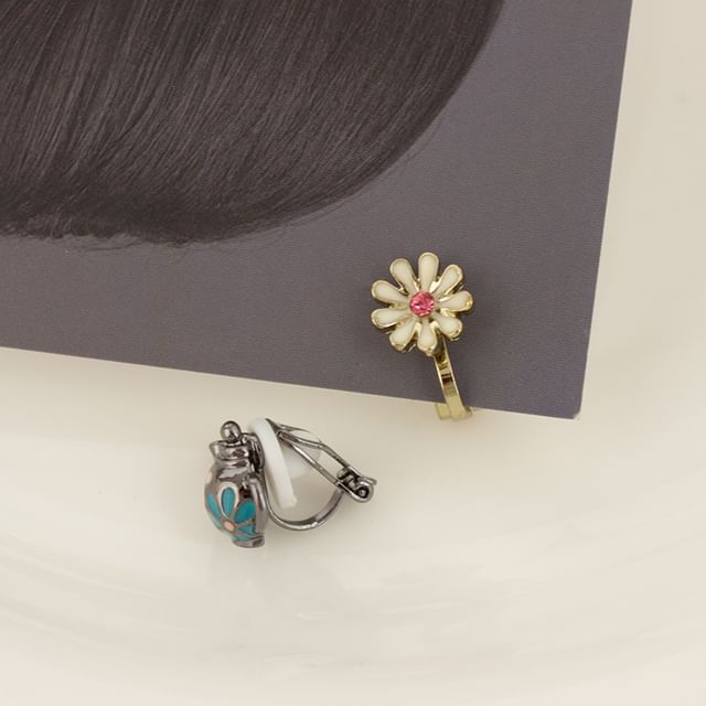 Clip Earring On Stud Teapot Enamel Flower Asymmetrical /