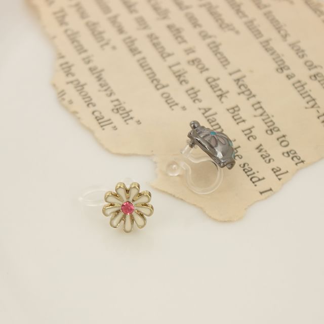 Clip Earring On Stud Teapot Enamel Flower Asymmetrical /