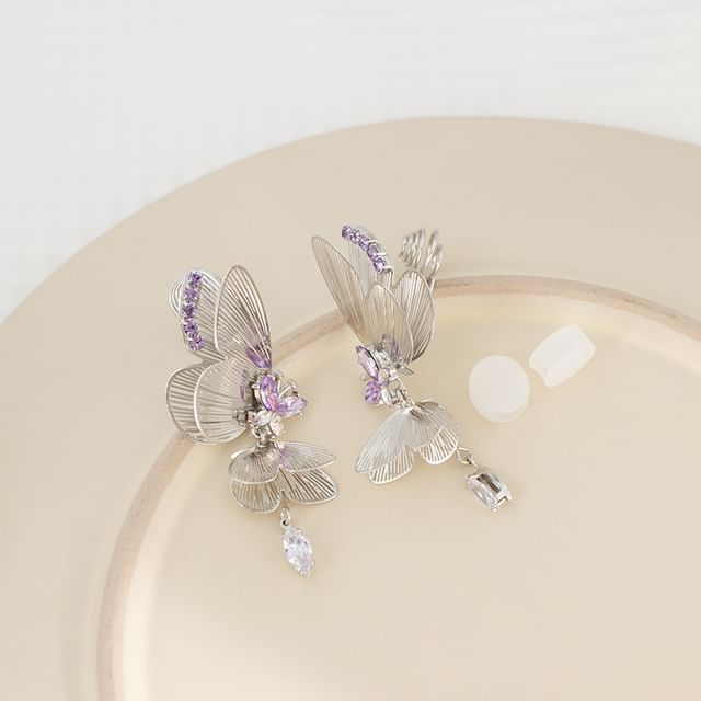 Rhinestone Drop Butterfly / Clip On Earring