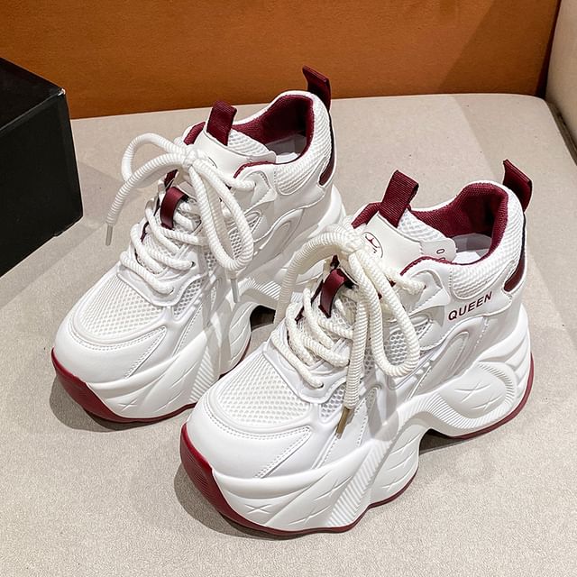 Leather Hidden Mesh Lace-Up Panel Sneakers Wedge Faux