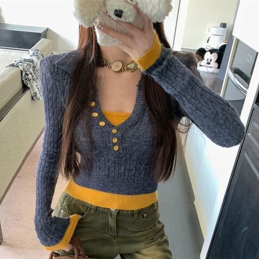 Two Collar Sweater Tone Mock Cable-Knit Cropped Two-Piece