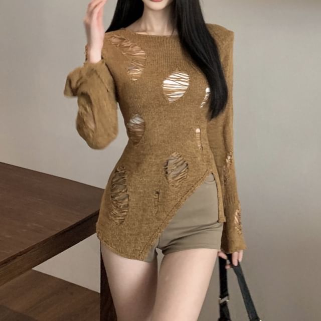Distressed Long Neck Top Sleeve Crew Knit Plain