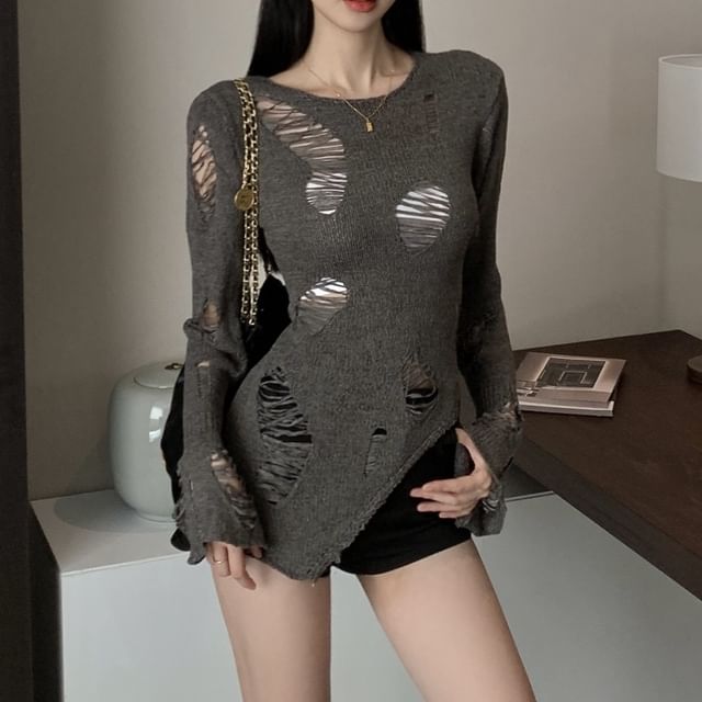 Distressed Long Neck Top Sleeve Crew Knit Plain