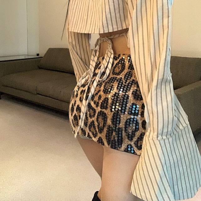 Up High Leopard Collared / Striped Skirt Long-Sleeve Waist Button Mini Pencil Shirt Print
