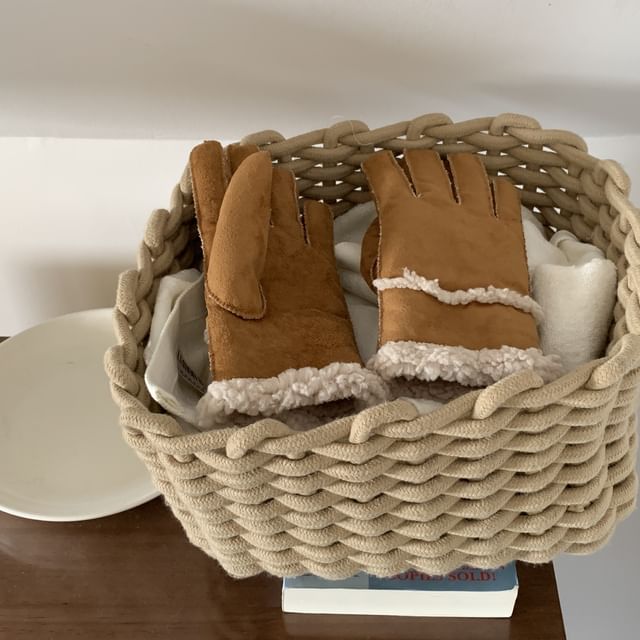 Plain Faux Trim Suede Gloves Fluffy