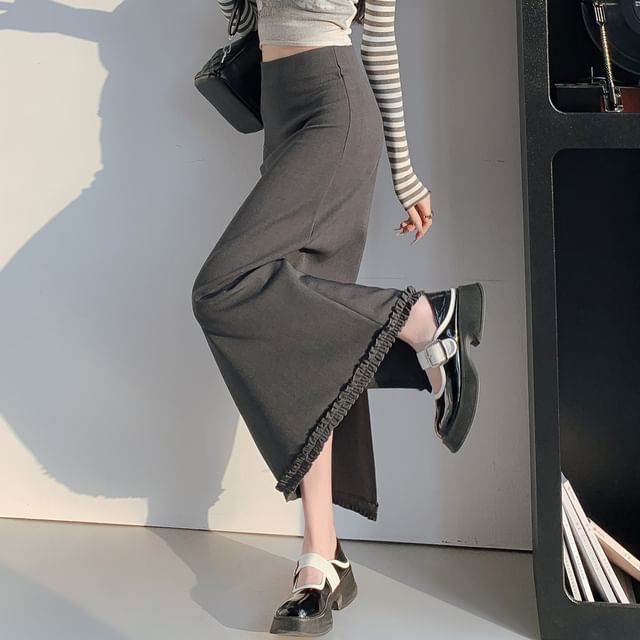 Waist Slit Plain A-Line Ruffle Midi High Skirt Trim