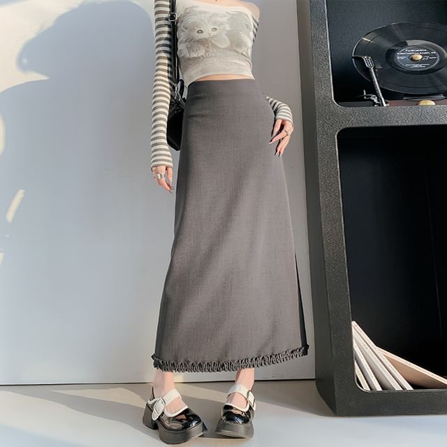 Waist Slit Plain A-Line Ruffle Midi High Skirt Trim