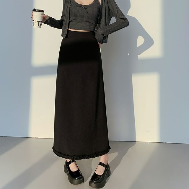 Waist Slit Plain A-Line Ruffle Midi High Skirt Trim
