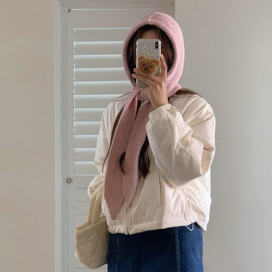 Plain Applique Knit Lace-Up Ribbed Balaclava