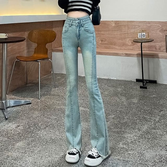 Jeans Washed High (Various Waist Designs) Fringed Bootcut