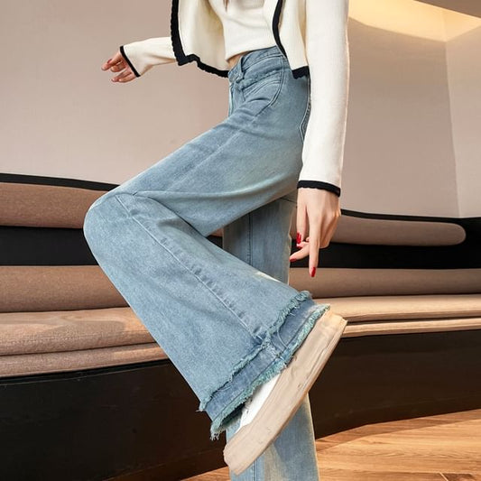 Waist Designs) Washed Fringed High (Various Bootcut Jeans