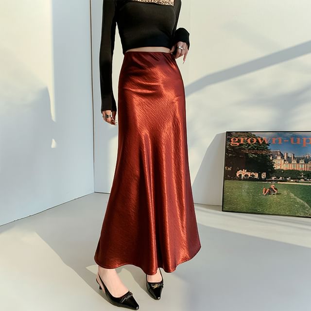 A-Line Satin Waist High Plain Midi Skirt