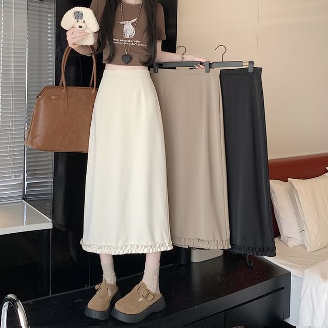 Slit A-Line Skirt High Midi Ruffle Trim Rise Plain