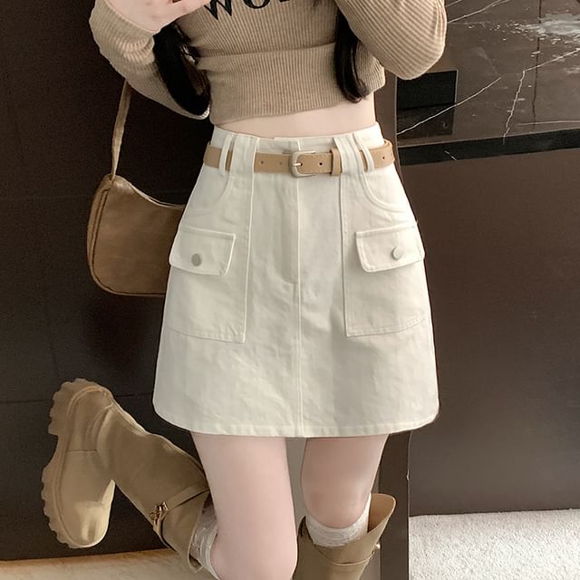 A-Line Plain Cargo Skirt Mini Rise High
