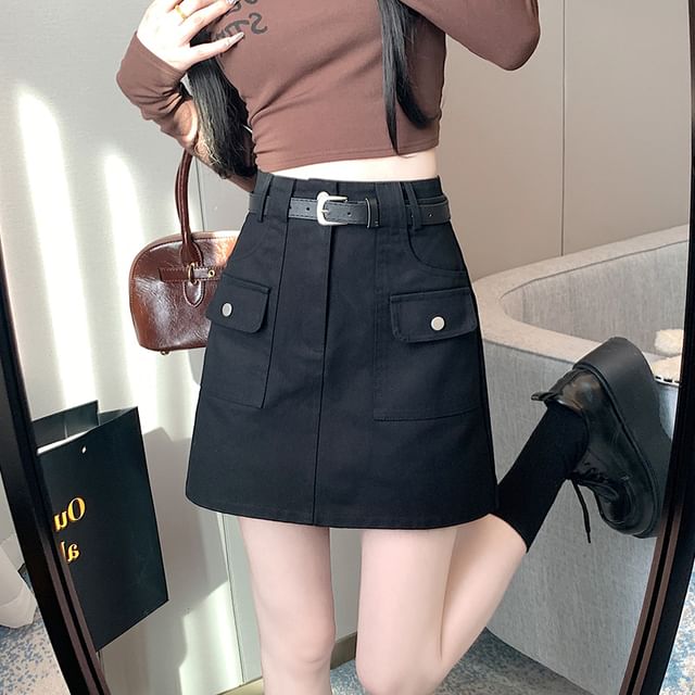 A-Line Plain Cargo Skirt Mini Rise High