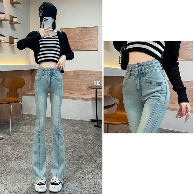 Jeans Washed High (Various Waist Designs) Fringed Bootcut