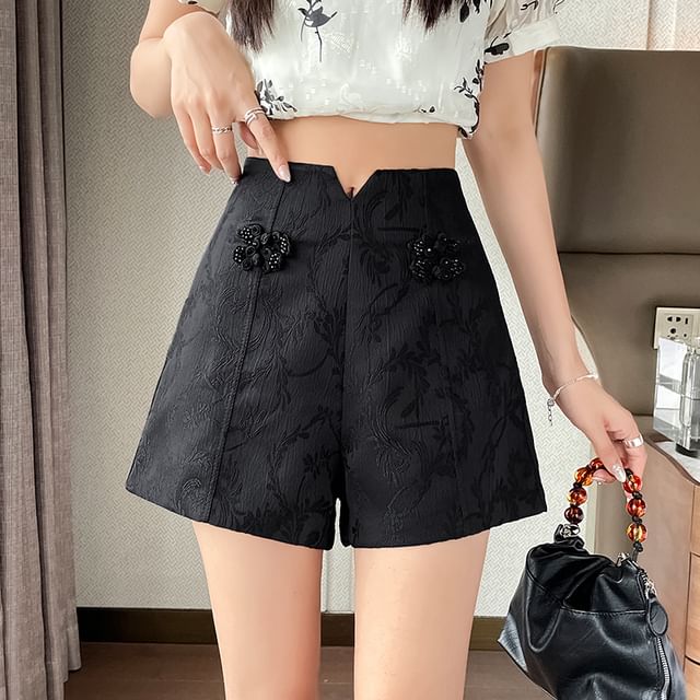 Frog Shorts Button Waist Jacquard High