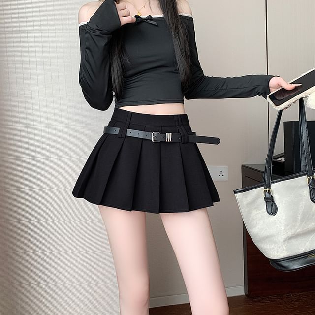 A-Line Mini Plain High Pleated Skirt Waist