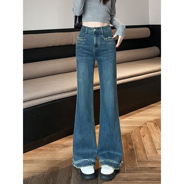 Waist Designs) Washed Fringed High (Various Bootcut Jeans