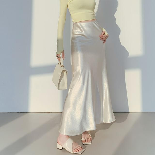 A-Line Satin Waist High Plain Midi Skirt