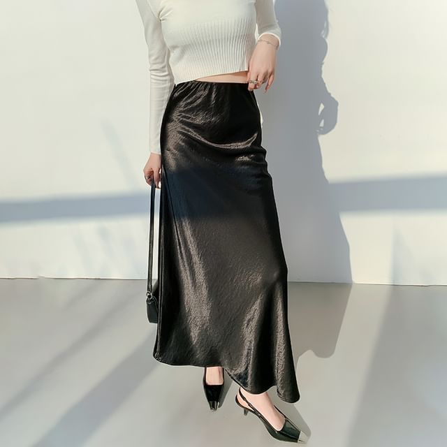 A-Line Satin Waist High Plain Midi Skirt