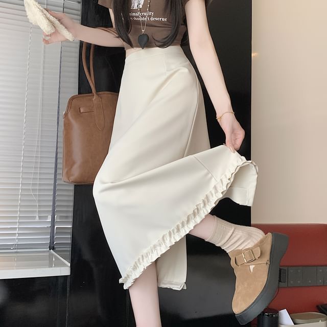 Slit A-Line Skirt High Midi Ruffle Trim Rise Plain